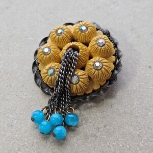 Vtg 60s Yellow Carved Resin Brooch Rhinestones Turquoise Bead Tassel Chains